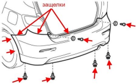 схема крепления заднего бампера Toyota Matrix (2009-2014)