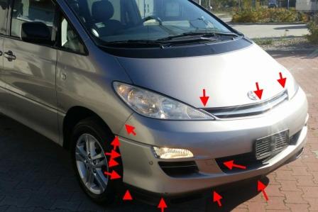 места крепления переднего бампера  Toyota Previa (2000-2005)