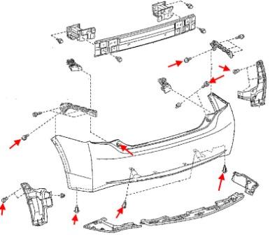 Schéma de montage du pare-chocs arrière de la Toyota Prius III XW30 (2009-2015)