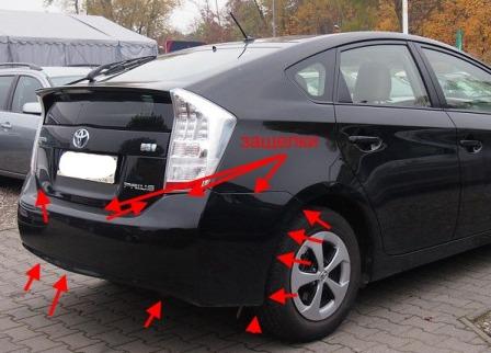 места крепления заднего бампера Toyota Prius III XW30 (2009-2015)