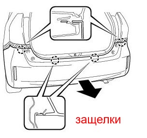 схема крепления заднего бампера Toyota Prius III XW30 (2009-2015)