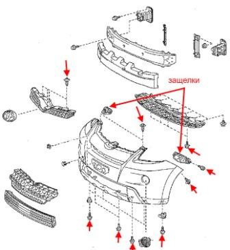схема крепления переднего бампера Toyota Urban Cruiser