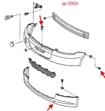 схема крепления переднего бампера Toyota Yaris (1999-2005)