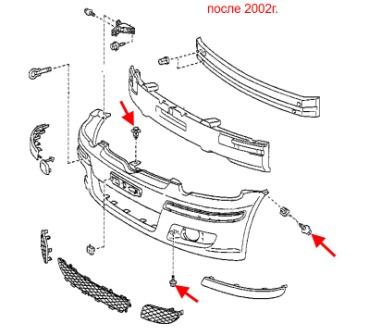 схема крепления переднего бампера Toyota Yaris (1999-2005)