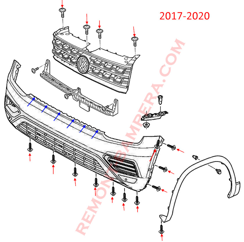 Schéma de montage du pare-chocs avant du VW Atlas/Teramont