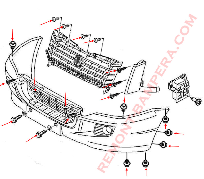 Diagrama de montaje del parachoques delantero del VW Crafter I