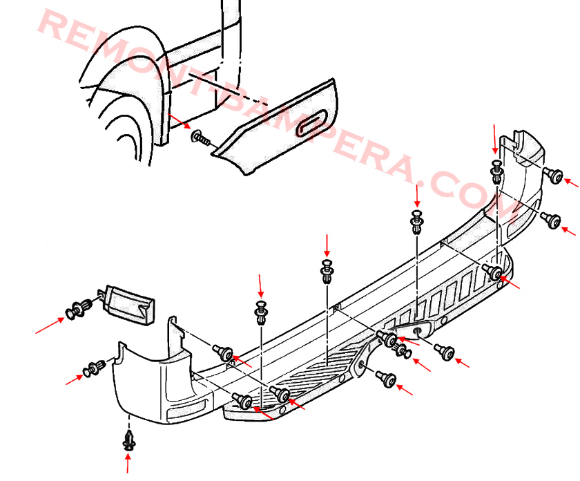 Diagrama de montaje del parachoques trasero del VW Crafter I
