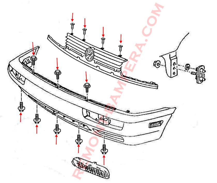 Diagrama de montaje del parachoques delantero del VW Golf 3