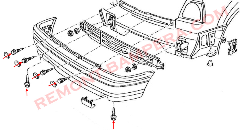 Diagrama de montaje del parachoques trasero del VW Golf 3