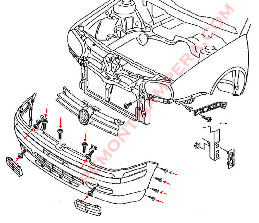 Schema di montaggio del paraurti anteriore VW Golf 4