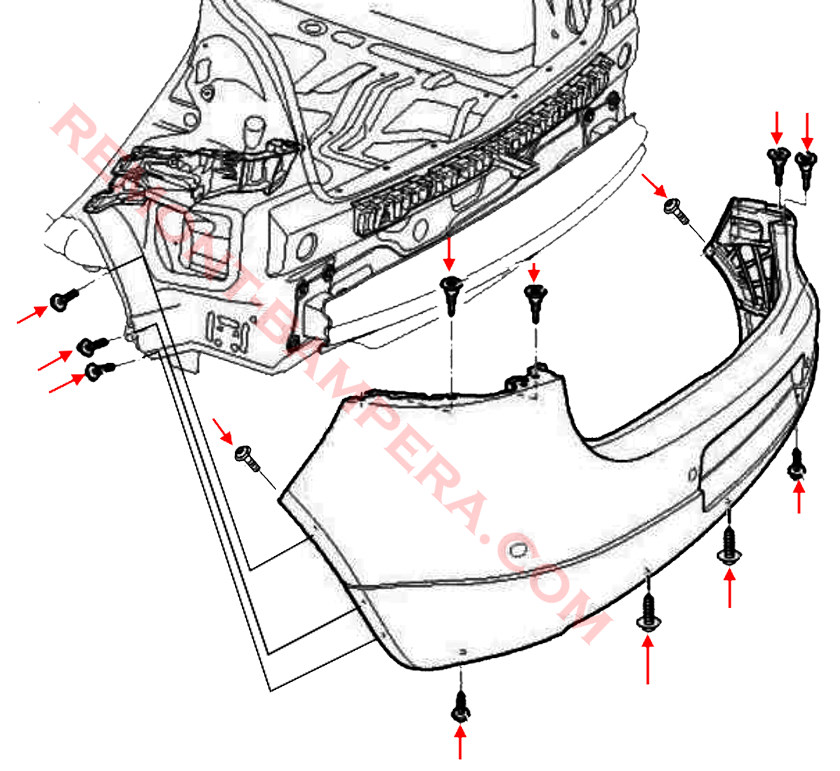 схема крепления заднего бампера VW Golf 5 / Rabbit 