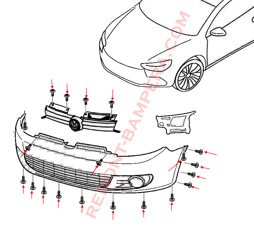 Diagrama de montaje del parachoques delantero del VW Golf 6 (2008-2012)