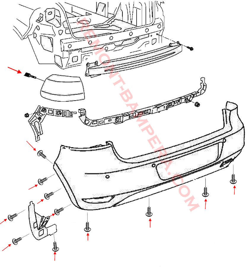 Diagrama de montaje del parachoques trasero del VW Golf 6 (2008-2012)