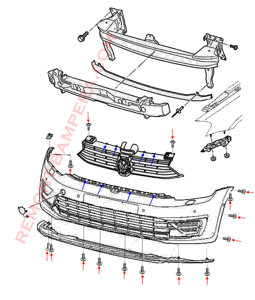 Diagrama de montaje del parachoques delantero del VW Golf Sportsvan