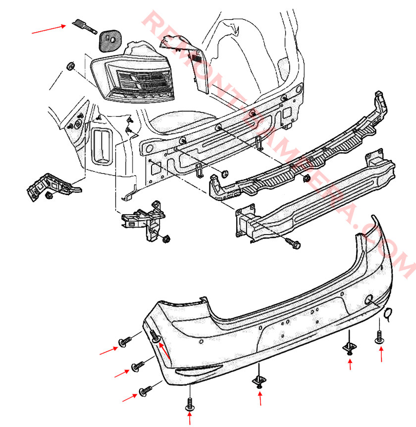 Diagrama de montaje del parachoques trasero del VW Golf Sportsvan