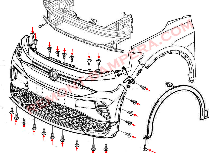 Схема крепления переднего бампера VW ID.4 / ID.5