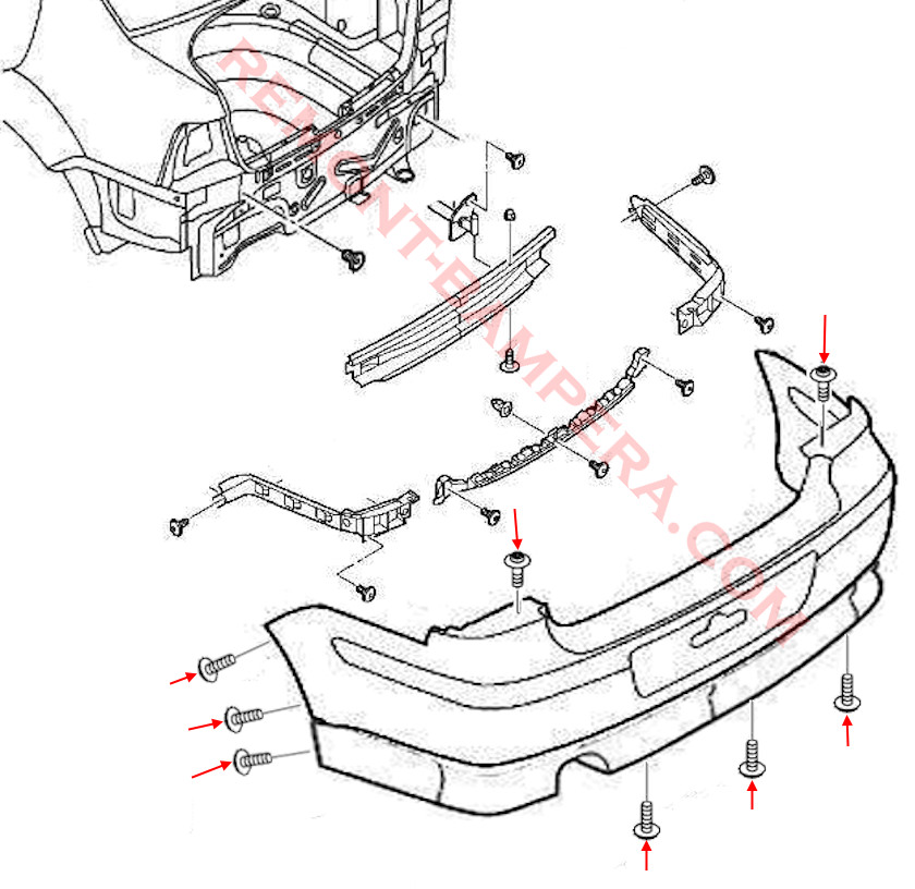 Схема крепления заднего бампера VW Jetta IV 