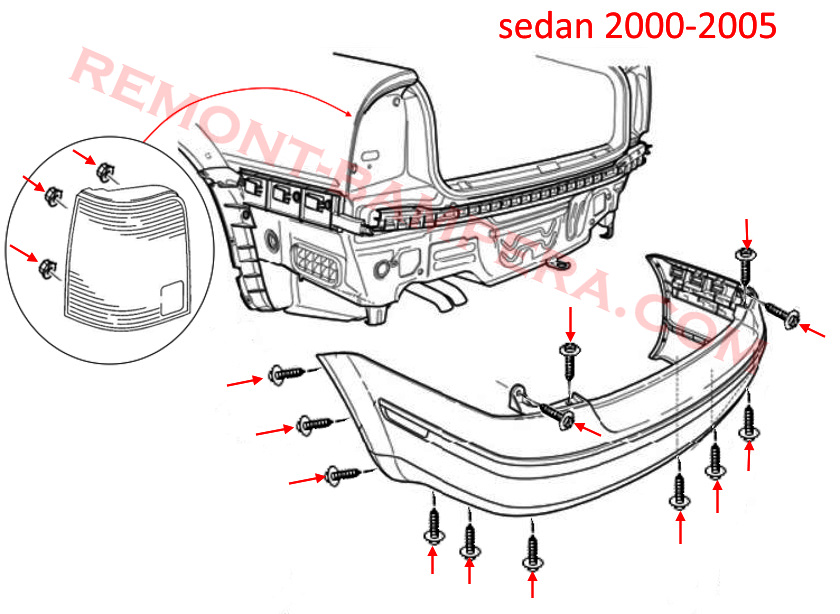 схема крепления заднего бампера VW Passat B5 рестайлинг