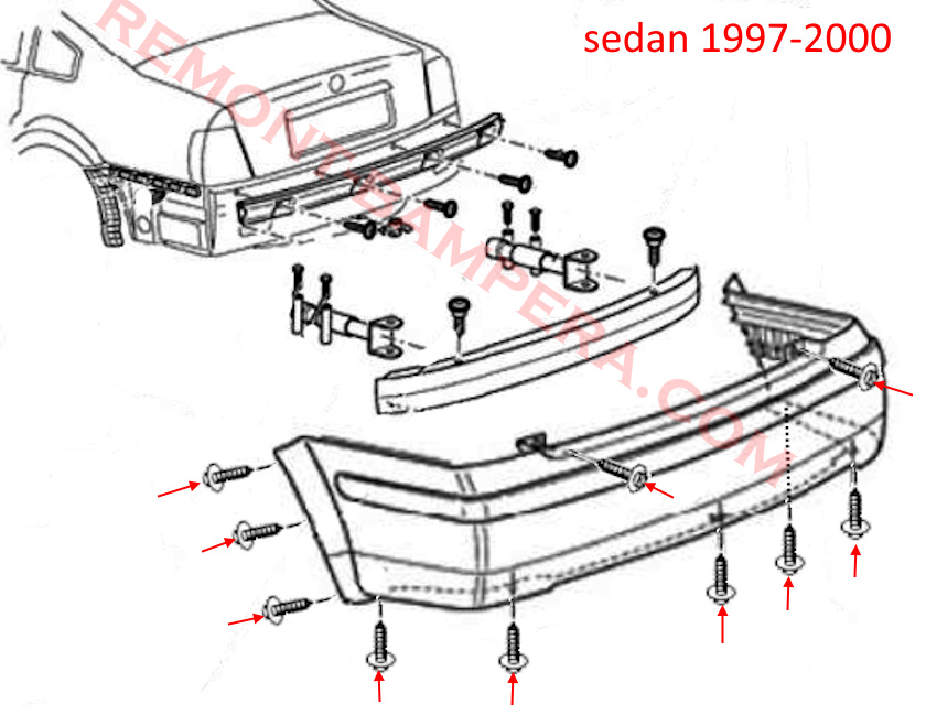 схема крепления заднего бампера VW Passat B5 
