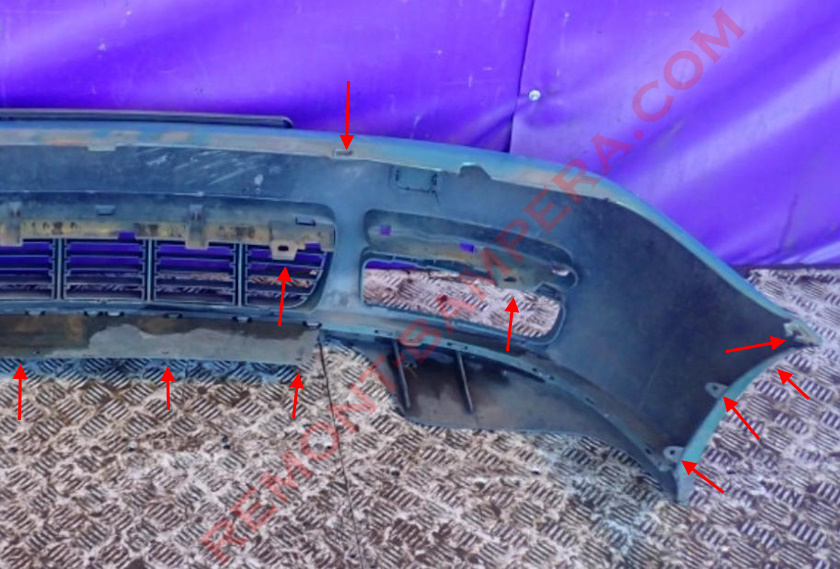 места крепления переднего бампера VW Polo III 1994–2002 