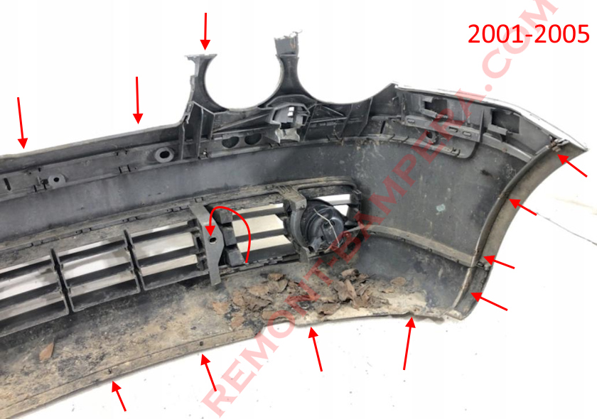 места крепления переднего бампера VW Polo IV 2001–2005