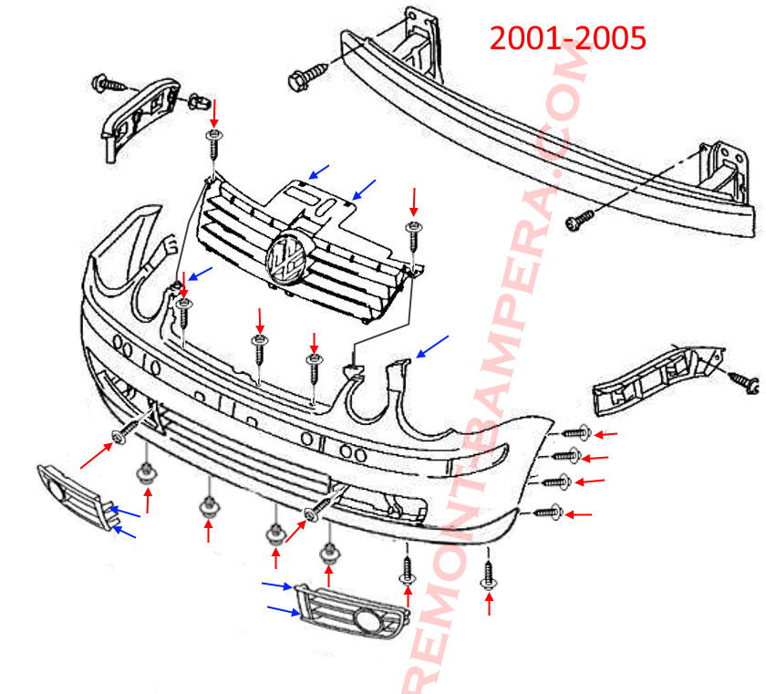 схема крепления переднего бампера VW Polo IV 2001–2005