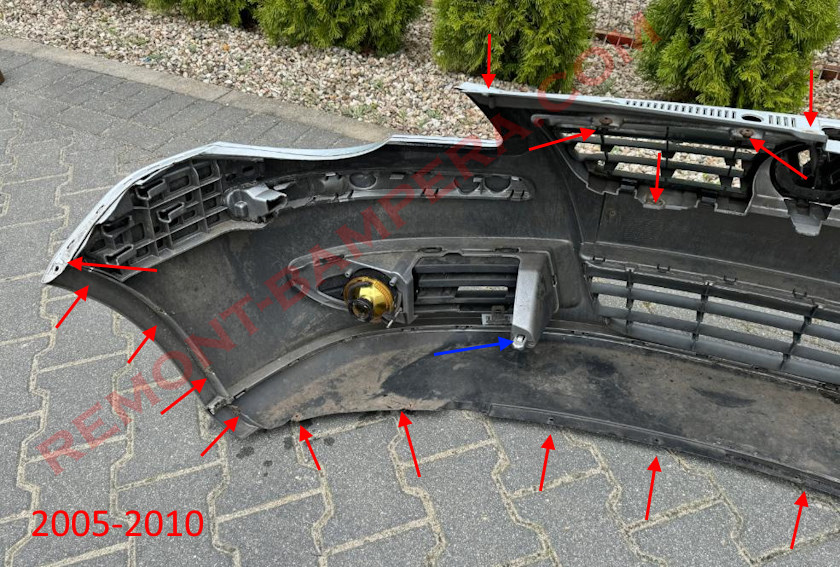 места крепления переднего бампера VW Polo IV 2005–2010 