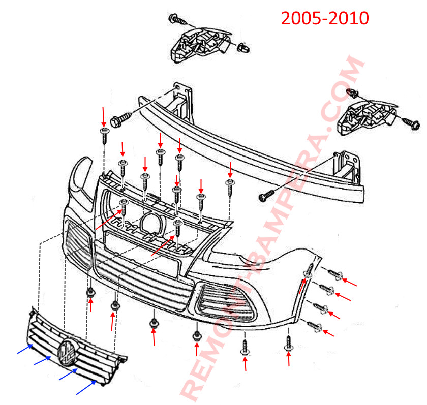 схема крепления переднего бампера VW Polo IV 2005–2010 
