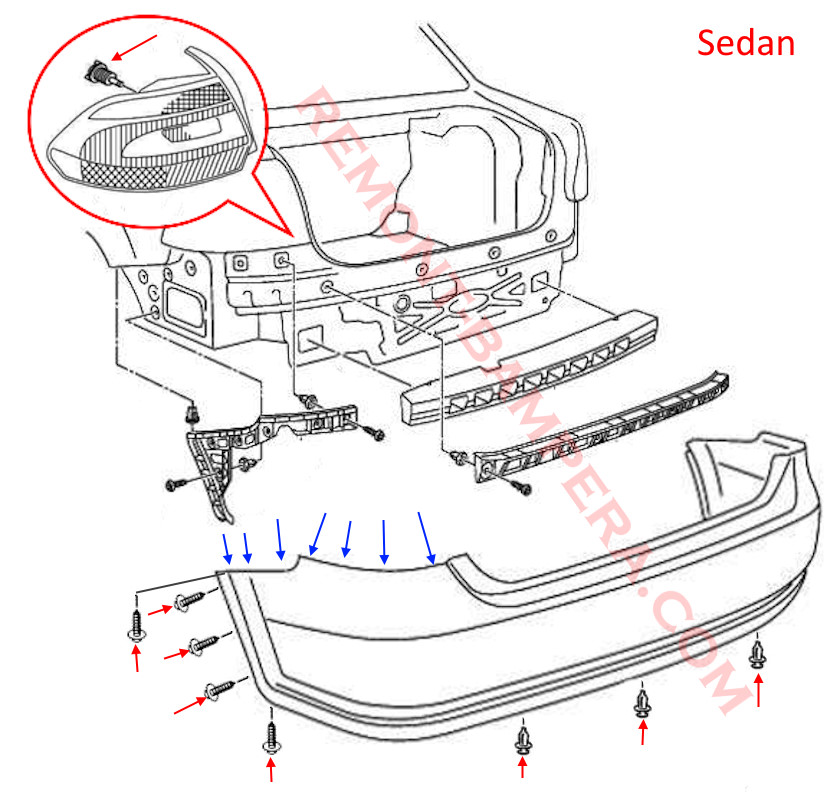 схема крепления заднего бампера VW Polo V sedan 2009–2017 