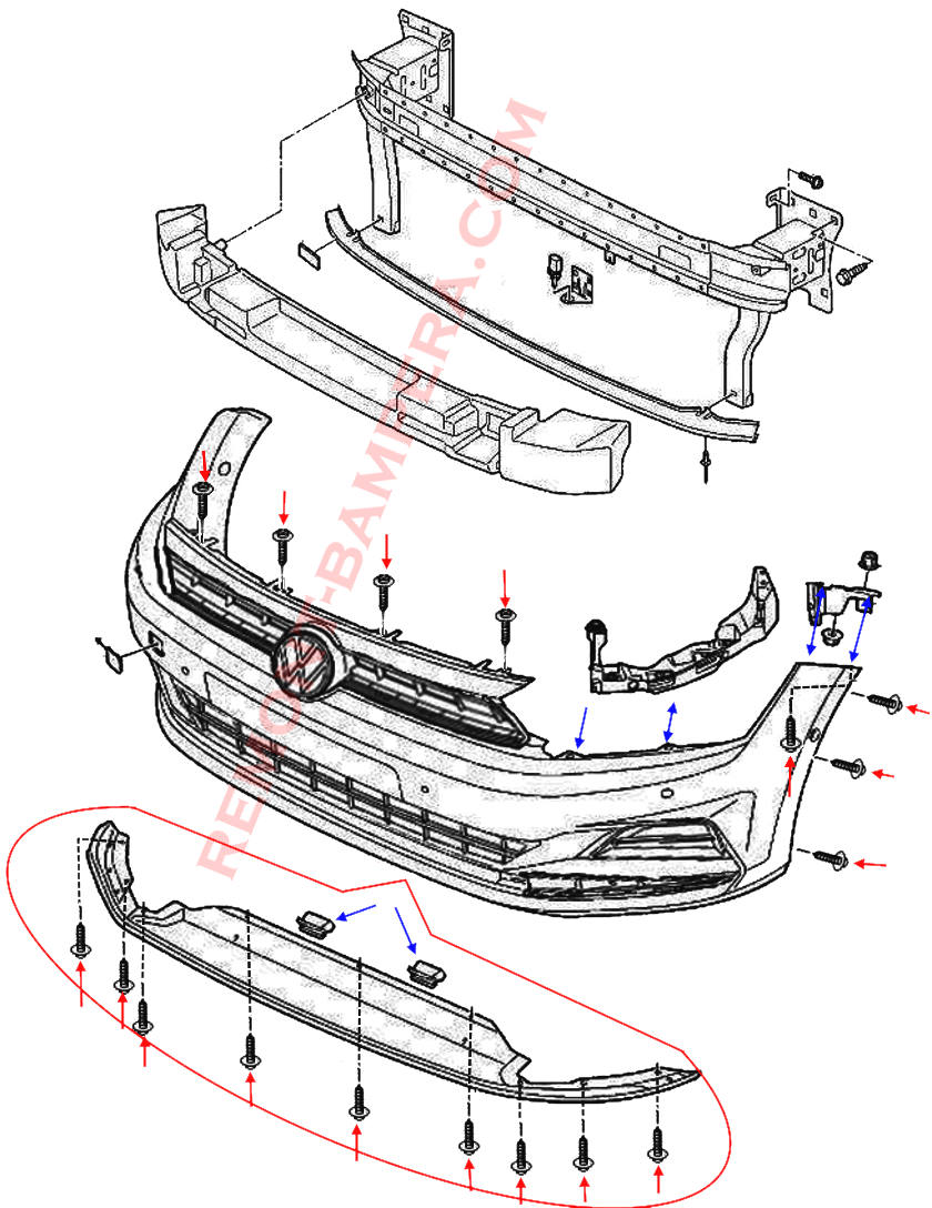 Diagrama de montaje del parachoques delantero del VW Polo VI 2017-2025