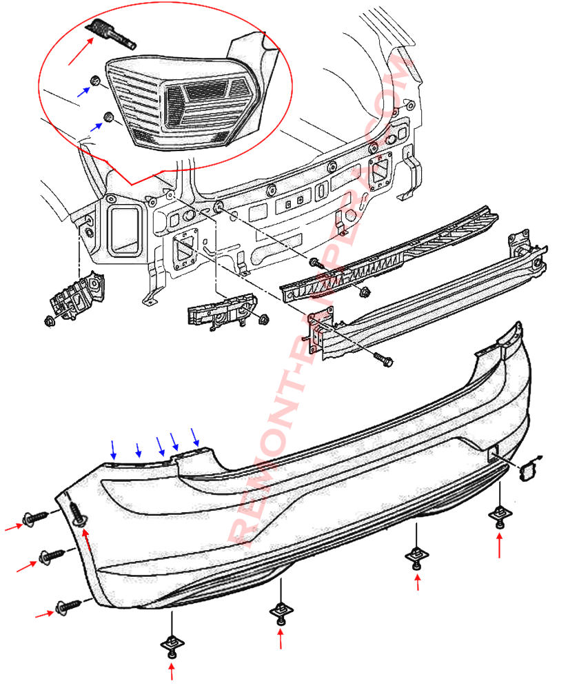 Diagrama de montaje del parachoques trasero VW Polo VI 2017-2025