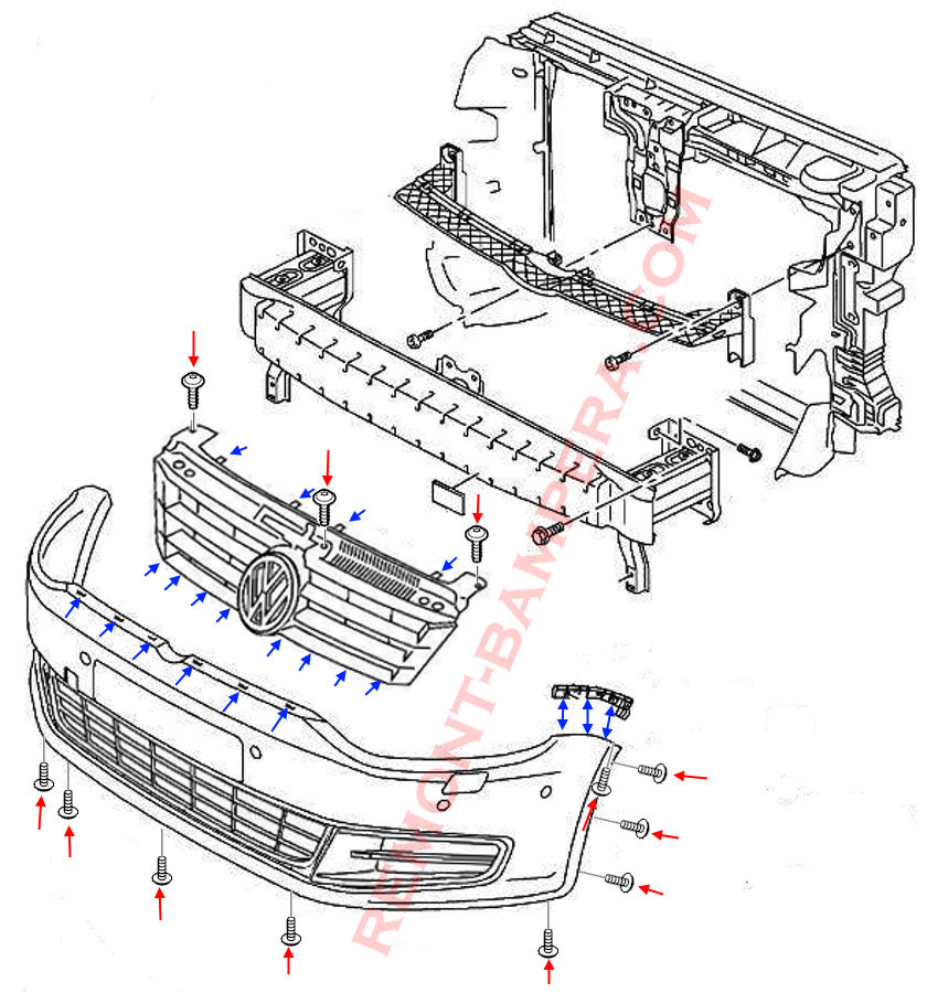 VW Sharan II 2010-2022 Front Bumper Mounting Diagram
