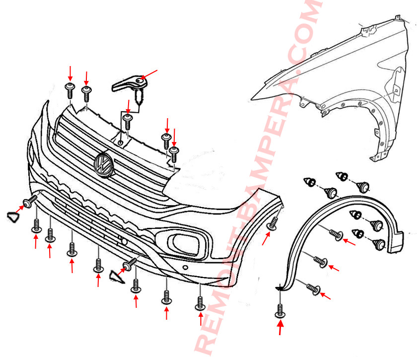 Diagrama de montaje del parachoques delantero VW T-Cross I 2018+