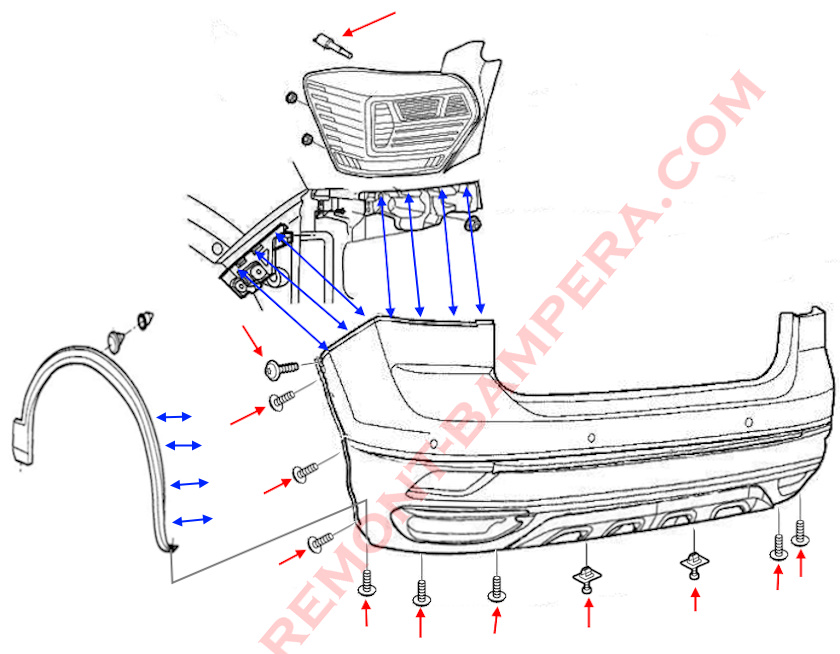 Diagrama de montaje del parachoques trasero VW T-Cross I 2018+