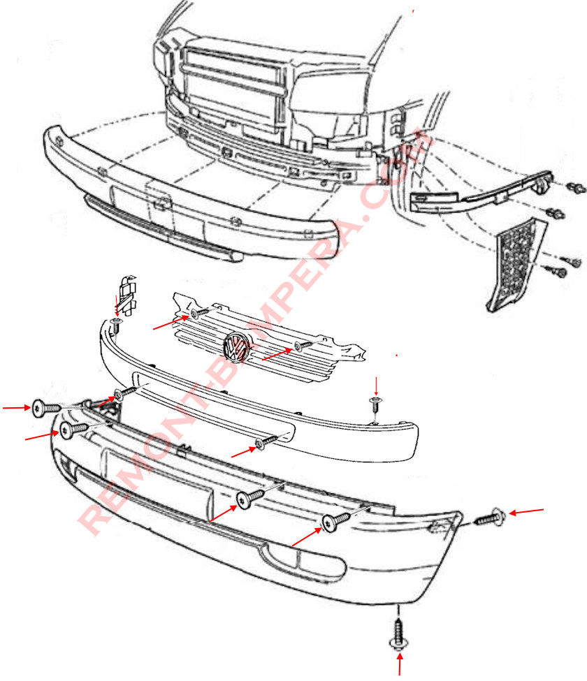 Diagrama de montaje del parachoques delantero VW T4 1990-2003