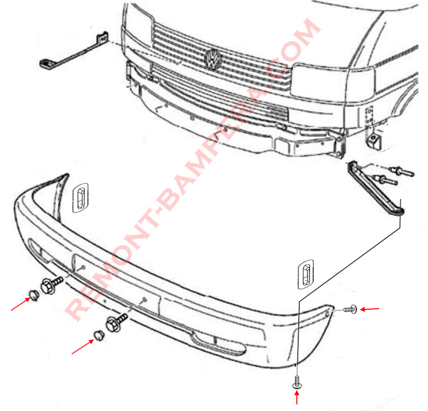 Diagrama de montaje del parachoques delantero VW T4 1990-2003