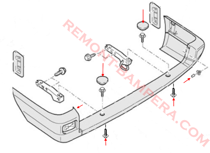 Diagrama de montaje del parachoques trasero de una VW T4 (1990-2003)