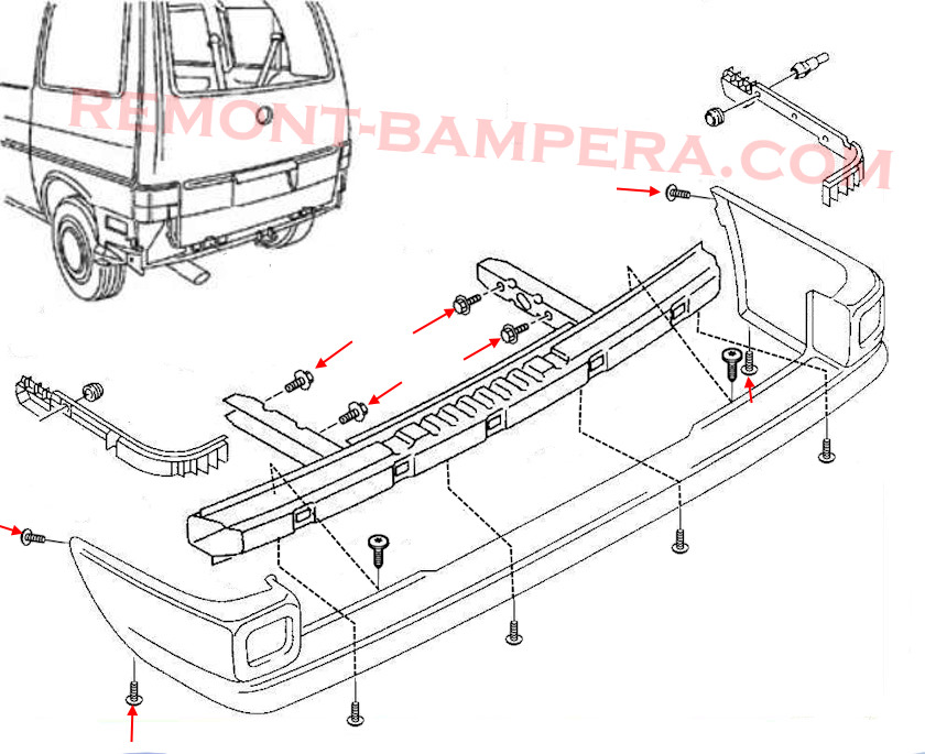 Diagrama de montaje del parachoques trasero de una VW T4 (1990-2003)