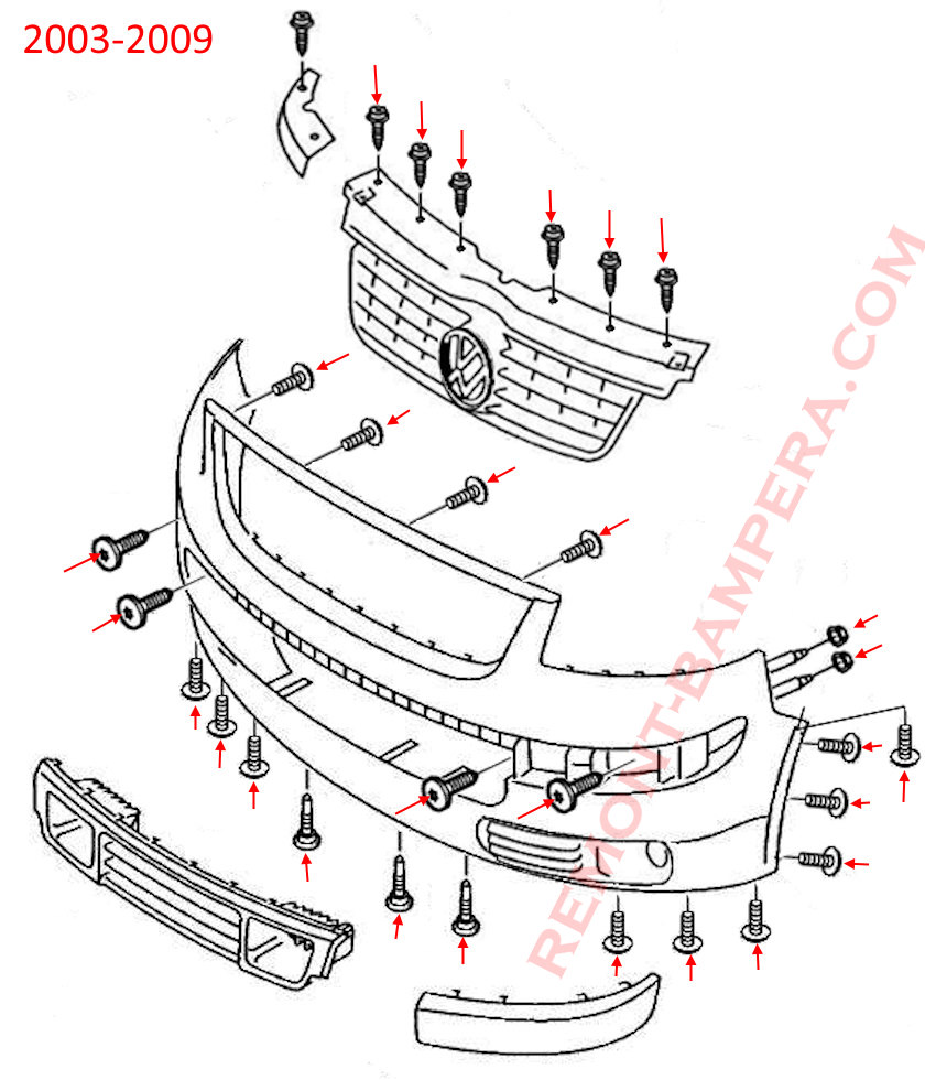 Diagrama de montaje del parachoques delantero de una VW T5 2003-2009