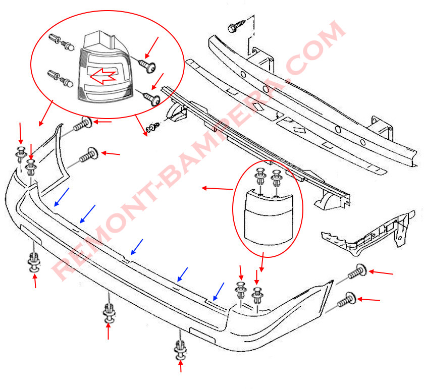 Diagrama de montaje del parachoques trasero VW T5 (T5.2) 2003-2015