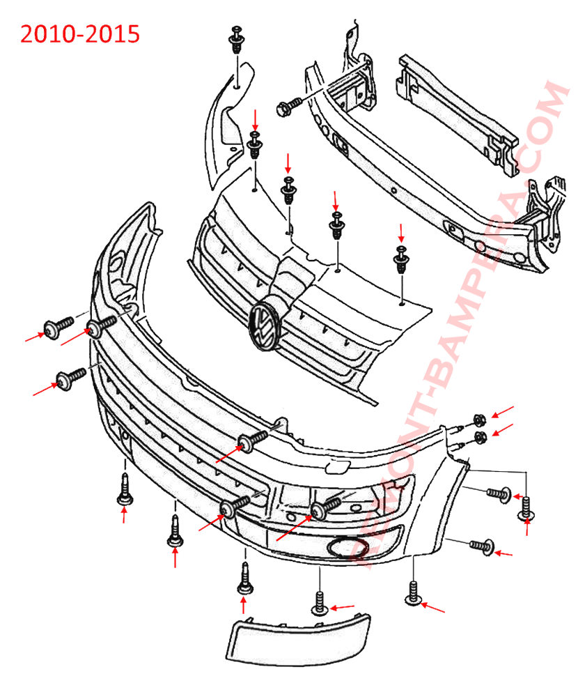 Diagrama de montaje del parachoques delantero VW T5.2 2010-2015