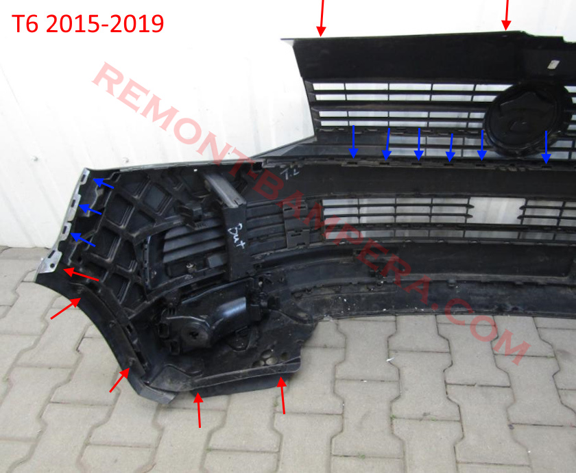 места крепления переднего бампера VW T6 2015-2019