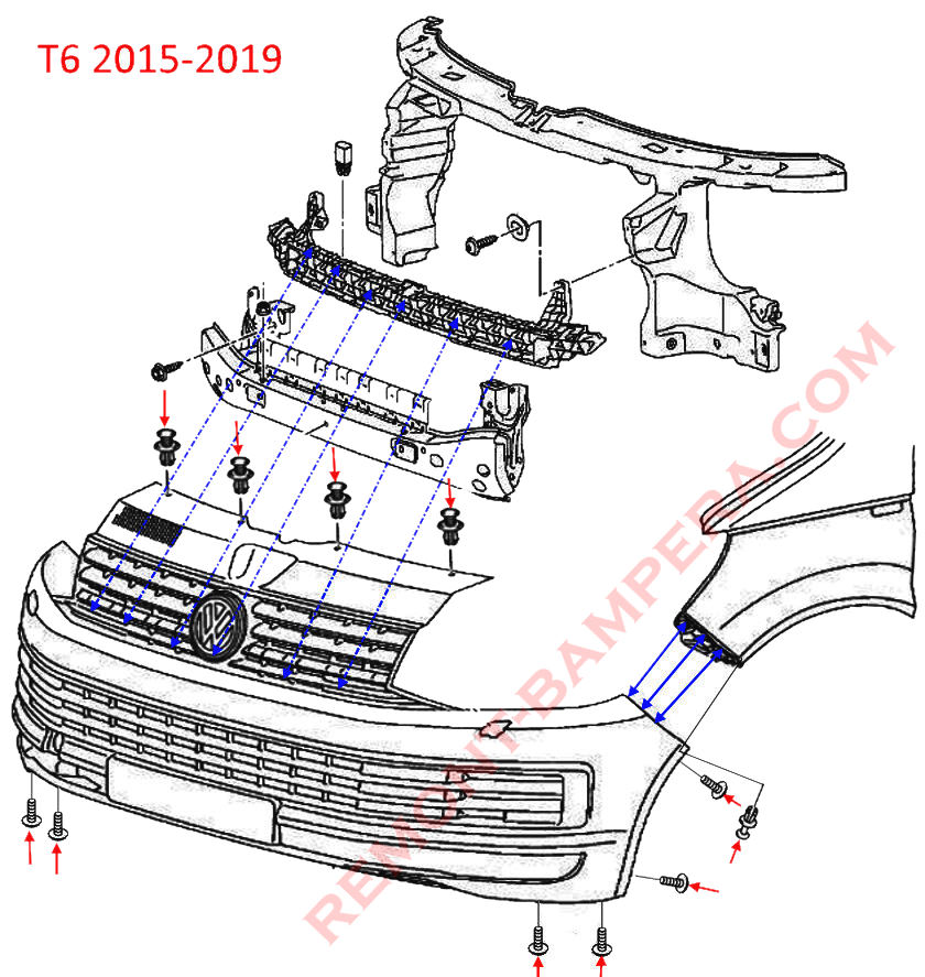 схема крепления переднего бампера VW T6 2015-2019