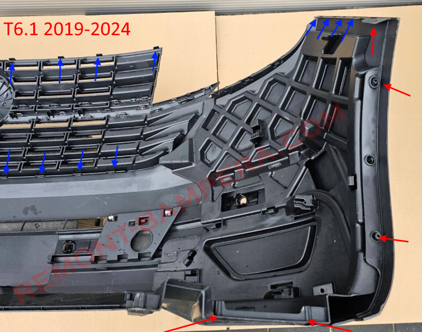 места крепления переднего бампера VW T6.1 2019-2024