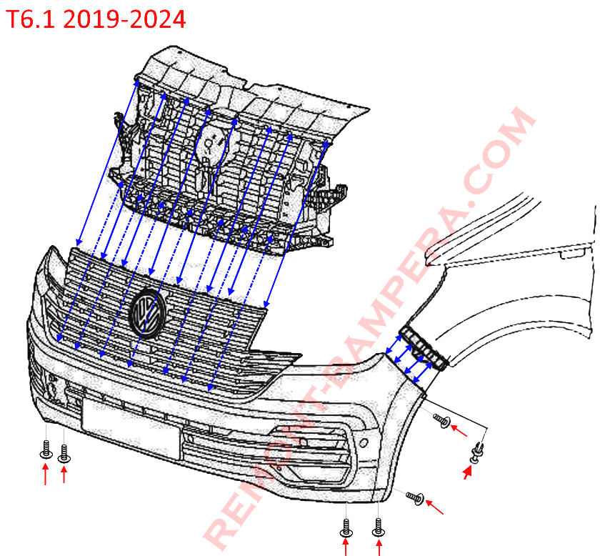 схема крепления переднего бампера VW T6.1 2019-2024