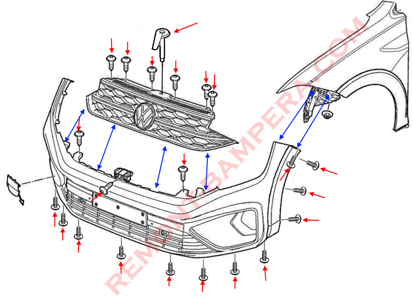 Diagrama de montaje del parachoques delantero VW Taigo (Nivus) 2020+