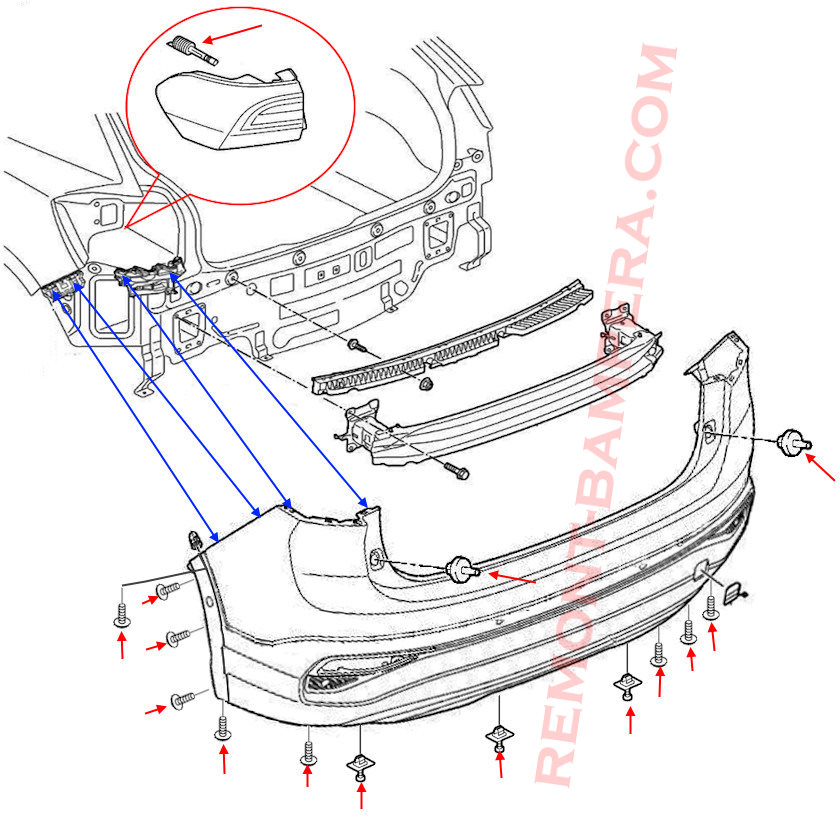Esquema de montaje del parachoques trasero VW Taigo (Nivus) 2020+