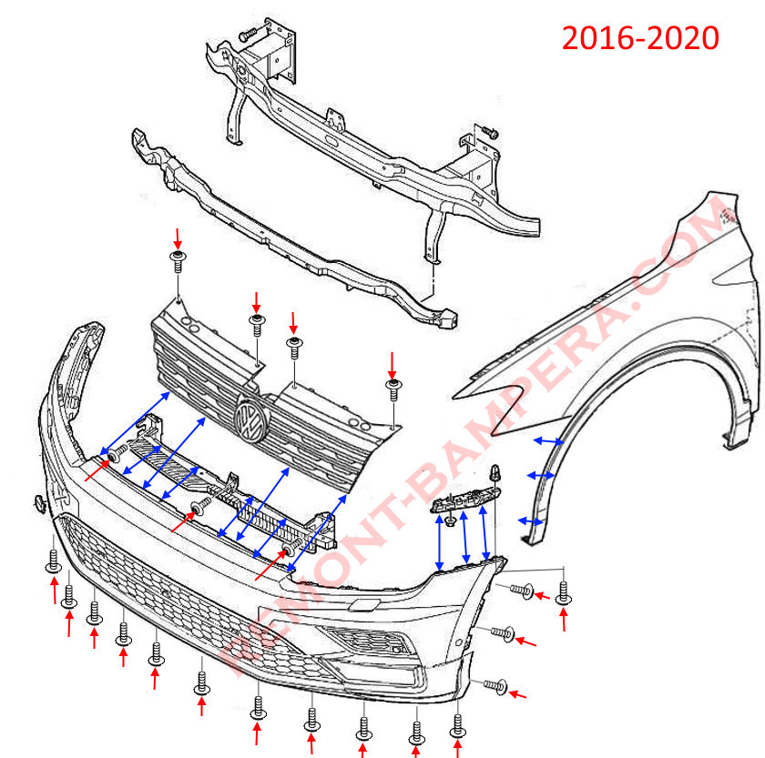Diagrama de montaje del parachoques delantero del VW Tiguan 2 2016-2020