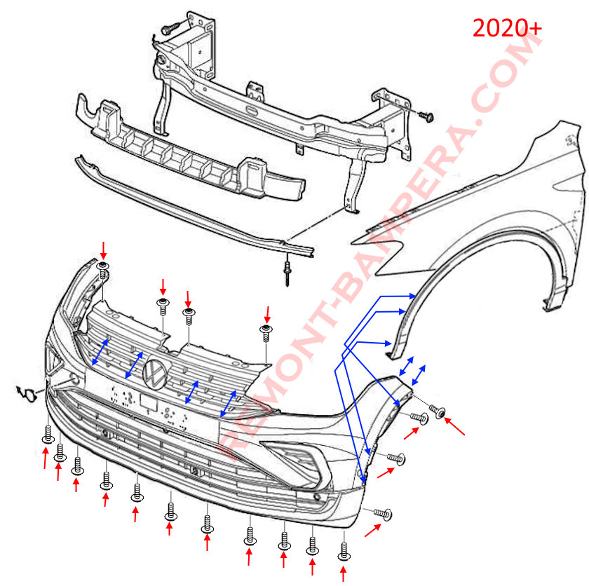 Diagrama de montaje del parachoques delantero del VW Tiguan 2 2020-2024