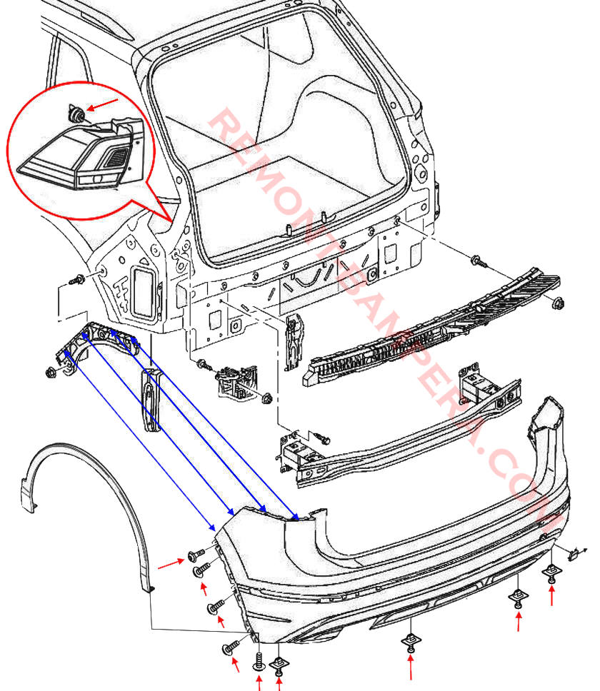 Diagrama de montaje del parachoques trasero VW Tiguan 2 2016-2024